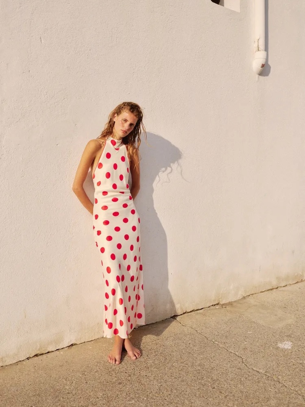 Zara Polka Dot Satin Halter Maxi Dress